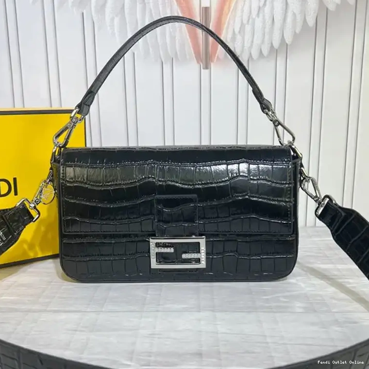 Cheap Medium Leather Black Bag In Crocodile Tiffany Baguette Fendi 0510